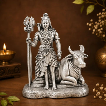 Silver Plated Mahadev with Nandi Idol for Car, Home & Office