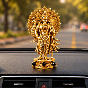 Gold Plated Lord Murugan with Peacock Idol | Home, Car & Workplace