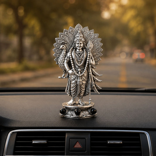 Silver Plated Lord Murugan with Peacock Idol for Home, Car & Workplace