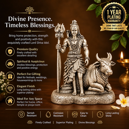 Silver Plated Mahadev with Nandi Idol for Car, Home & Office
