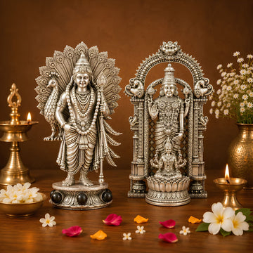 Silver Plated Sri Venkateswara Mahalakshmi & Lord Murugan Idol Combo