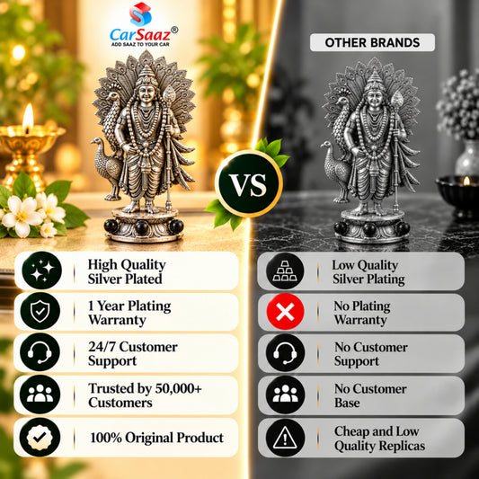 Silver Plated Lord Murugan with Peacock Idol for Home, Car & Workplace