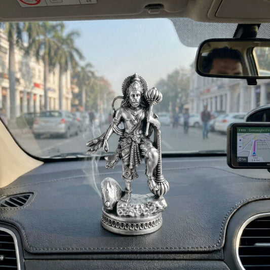 Hanuman Ji with Gada Idol for Car | Protection & Safe Travel ( Silver Plated )